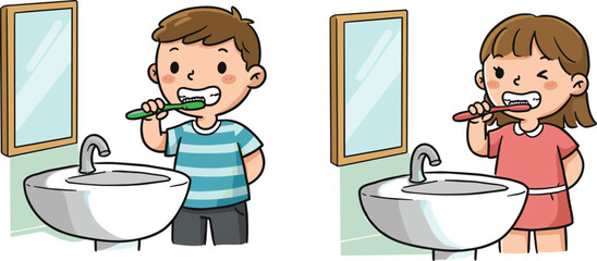 Children brushing teeth, daily hygiene routine, dental care habits, cartoon bathroom scene, morning ritual, healthy lifestyle, kids sink mirror illustration