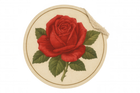 Red rose illustration sticker torn vintage paper circle, representing love, romance, and antique beauty - Powered by Adobe