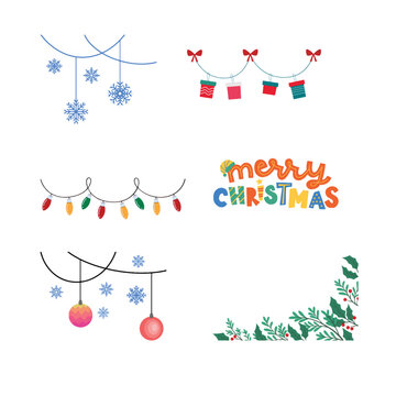 Christmas Lights Garland and Snowflake Elements for Festive Decoration. Vector Illustration.