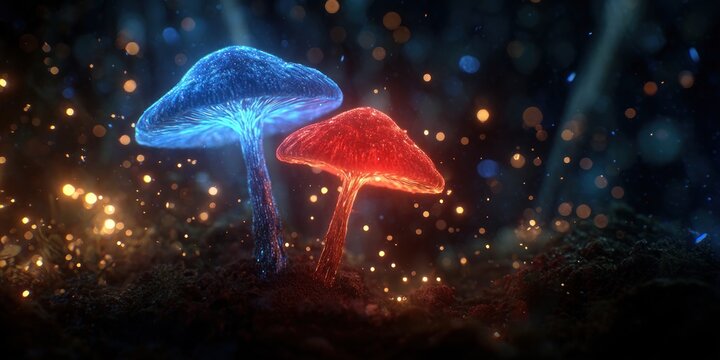 Glowing mushrooms in dark forest with blue and red caps digital fantasy art