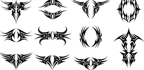 Set of 9 Neo Y2K tribal tattoo vector designs with symmetrical black shapes. Perfect for edgy fashion, t-shirt graphics, decals, and modern body art aesthetics.