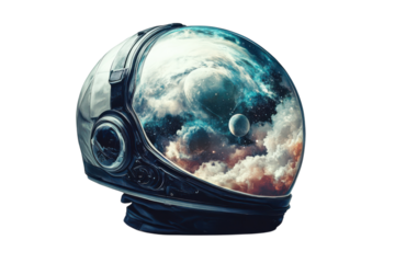 Astronaut helmet reflecting a nebula and a planet against a transparent background