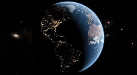 Earth from space, showing continents, oceans, and city lights at night, against a backdrop of stars and galaxies.