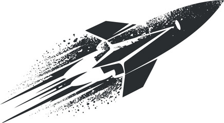 Black and white silhouette of a rocket launching, illustrating speed and futuristic design.