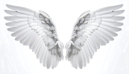 Obraz premium A pair of realistic, white, feathered wings are spread wide against a bright, white background, showcasing intricate detail