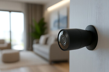 Sleek surveillance camera mounted on a white wall for enhanced home security and peace of mind. Modern design blends seamlessly with the room's aesthetic.
