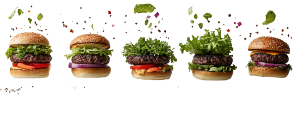 Row of appetizing burgers with diverse toppings on sesame buns
