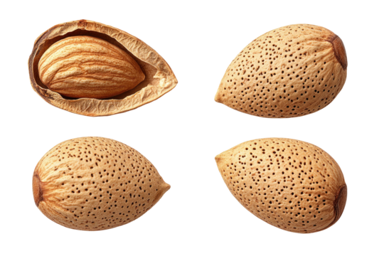 Almonds shown four ways, one half-shelled