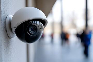 A security camera is mounted on a wall, watching over a busy area, possibly for safety and surveillance. The lens reflects the surroundings.