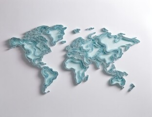 A light teal world map, layered with intricate, contour lines, showcases a stylized, three-dimensional representation of the continents.