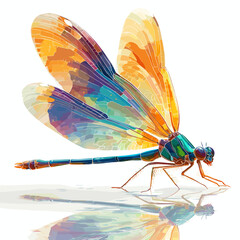 Colorful dragonfly with translucent wings on a reflective surface  