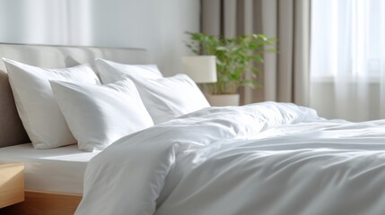 a bed with white sheets and pillows in a bedroom