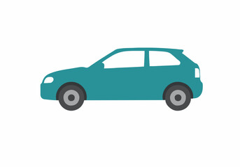Fototapeta premium Sleek teal hatchback automobile driving forward, symbolizing modern personal transportation and efficient travel for urban commutes and road trips.