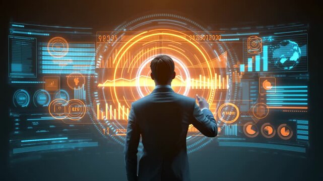 Businessman Standing Before Futuristic Data Dashboard
