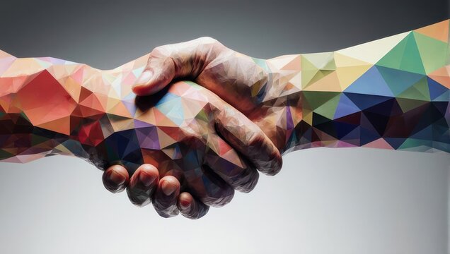 Abstract, vibrant illustration of two hands clasped in a handshake, symbolizing teamwork