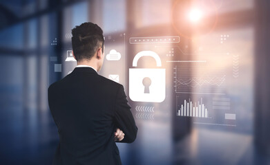 Digital cyber security lock system highlighting data security encryption, cyber password...