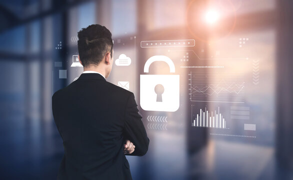 Digital cyber security lock system highlighting data security encryption, cyber password protection, fingerprint ID, cloud storage safety, and cyber security for online access Vouch