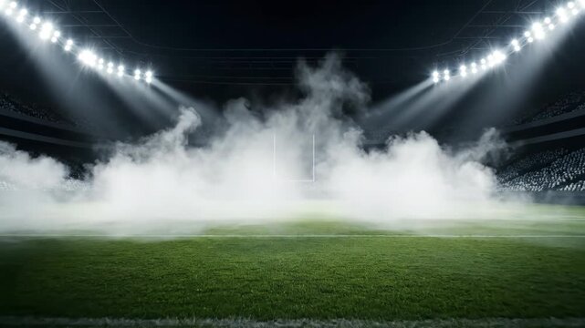 Stadium Field with Smoke and Bright Lights - An empty football field is illuminated by bright stadium lights, showcasing a dramatic smoke effect.