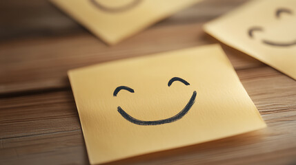Positive notes: Yellow sticky notes with hand-drawn smiles on a wood surface. A simple reminder to stay happy and optimistic in daily life.