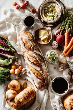 Una generosa composici&oacute;n de pan artesanal y verduras frescas sobre un lienzo de lino.