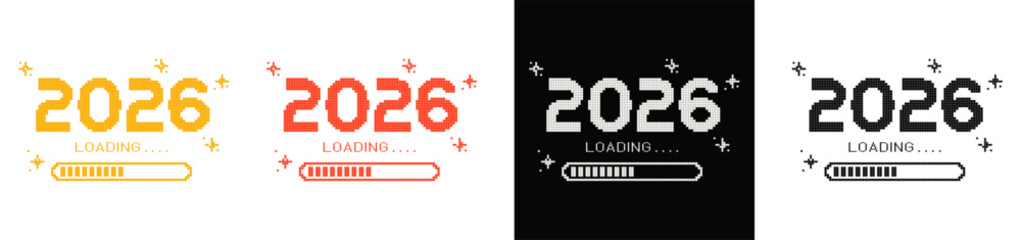 2026 countdown pixel 8 bit game style graphic color elements set for branding, web, social media, banner template. Trendy modern retro vector illustration isolated on transparent and black background