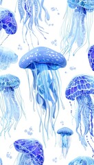 A beautiful repeating pattern of vibrant, translucent jellyfish in shades of blue against a crisp white background.