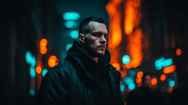 Man walking night cityscape