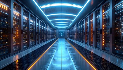 A long, sleek data center corridor glows with blue and orange light, filled with server racks on either side. The end holds a secure door