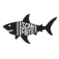 A black silhouette of a shark with a scan and bite barcode design