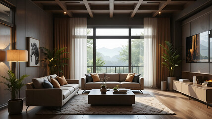 Upscale Modern Living Room Interior with Neutral Tones, Wood Ceiling, Leather Furniture, and Scenic Window View of Lush Green Hills, Perfect for Real Estate Brochures and Home Renovation Concepts