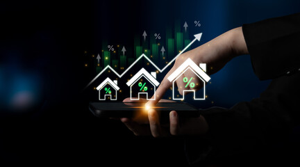 Concept of real estate investment and a rising housing market. The increase in property value is shown by growing mortgage rates, prices, and overall market appreciation. Fermion