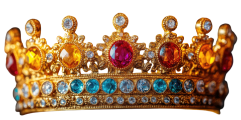 Intricate gold crown adorned with vibrant gems on a black background