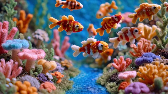 Colorful miniature fish swimming among coral and plants in underwater scene