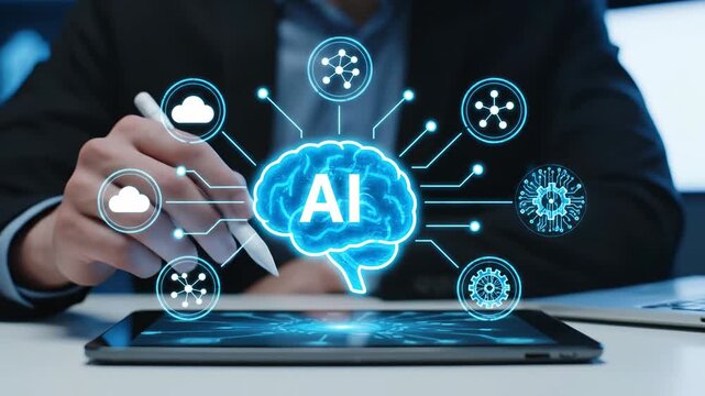 Businessman interacting with a digital brain hologram representing artificial intelligence and its network of connections on a tablet vector illustration