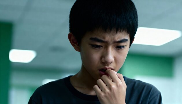 asian teen chewing nails with nervous expression, bright indoor light, tense withdrawn mood, close view