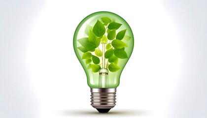 A green-tinted lightbulb contains vibrant green leaves, suggesting eco-friendly energy solutions and sustainability against a bright, white background