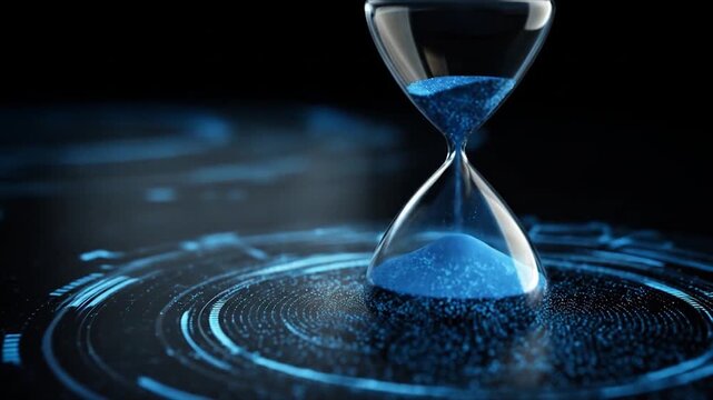 Hourglass with blue sand against a digital background