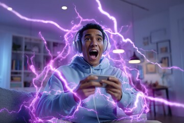 Un joven gamer experimenta un momento de pura emoción mientras juega en su consola.