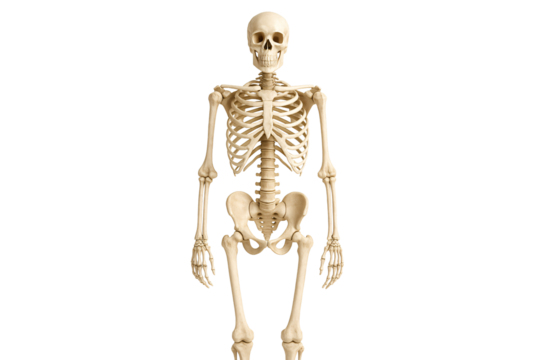 Skeleton in sitting pose on a transparent background. Anatomy. Halloween. Symbol.