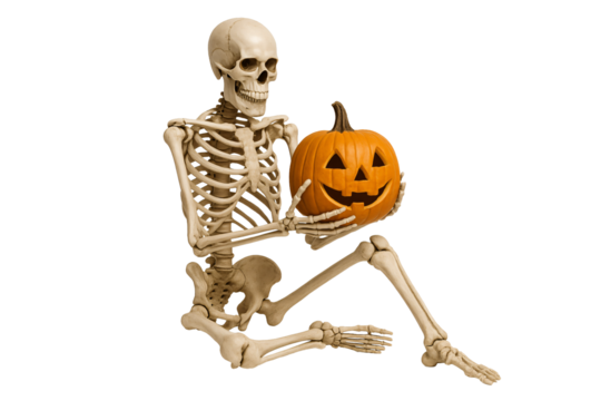 Skeleton holding jack-o’-lantern on a transparent background. Halloween. Decoration. Fun.
