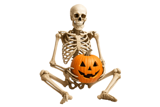 Skeleton holding jack-o’-lantern on a transparent background. Halloween. Decoration. Fun.