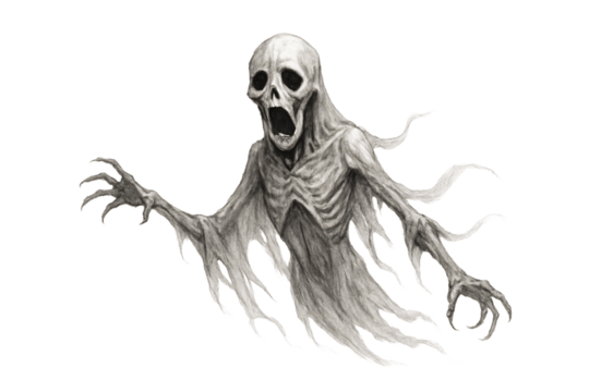 Screaming ghost on a transparent background. Fear. Atmosphere. Holiday.