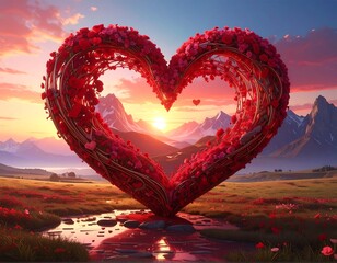 A majestic heart-shaped structure covered in red roses stands against a stunning sunset backdrop, mountains, & stream