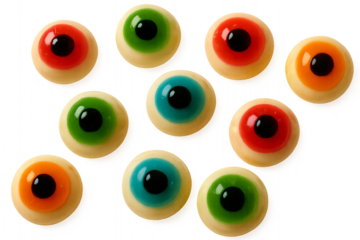 Colorful gummy eyeballs on a transparent background. Halloween. Candy. Fun.