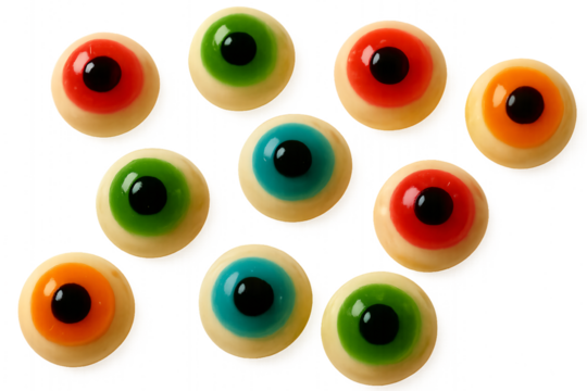 Colorful gummy eyeballs on a transparent background. Halloween. Candy. Fun.