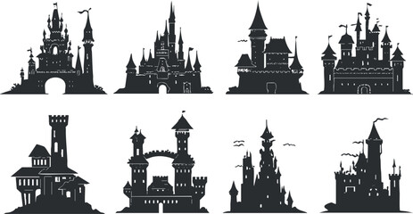 Fototapeta premium Set of fantasy castle silhouettes with various architectural designs and spires.