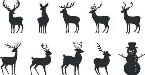 Silhouette illustration of reindeer and snowman icons for Christmas and winter holiday themes.