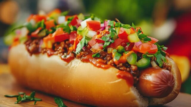 Freshly prepared hot dog with various toppings on a clean cutting board, ready for serving
