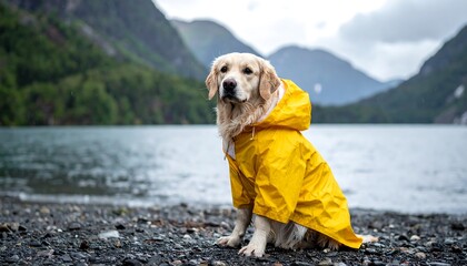 A golden retriever wearing a bright yellow raincoat sits patiently by a still lake, with mountains in the background under an overcast sky