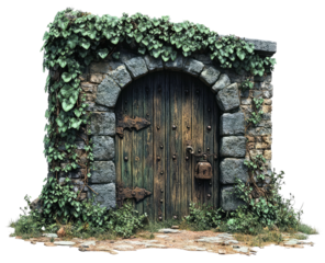 Stone archway frames an aged wooden door covered in greenery